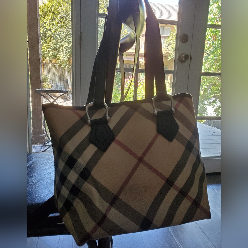 Burberry Novacheck Tote- Coated Canvas with Black Patent Trim.